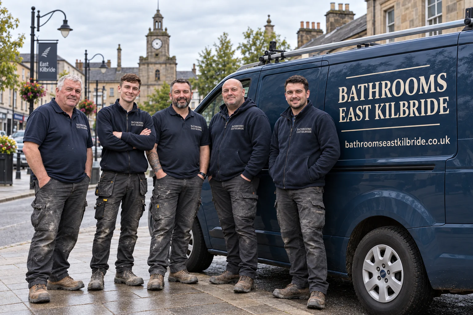 Bathroom trade group beside a bathroomseastkilbride.co.uk branded van