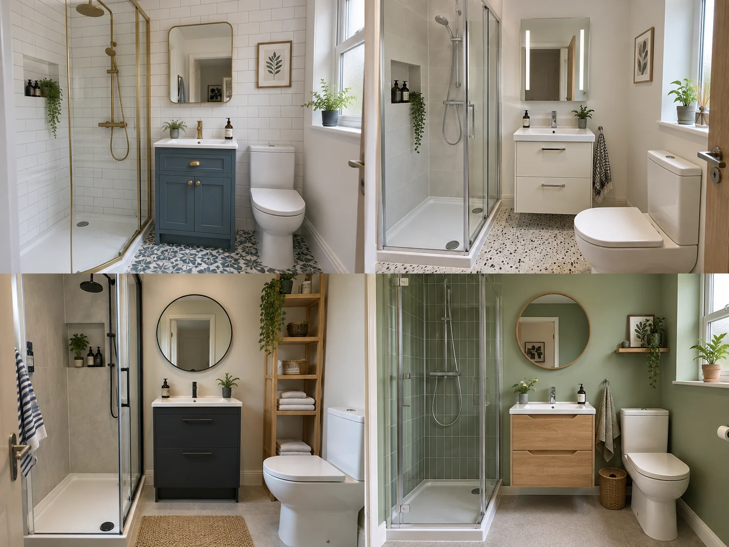 Compact shower room with white subway tiles, dusty blue vanity, brass fittings